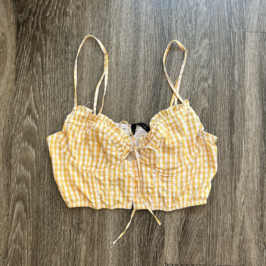 Yellow Gingham Tie-Front Crop Top
